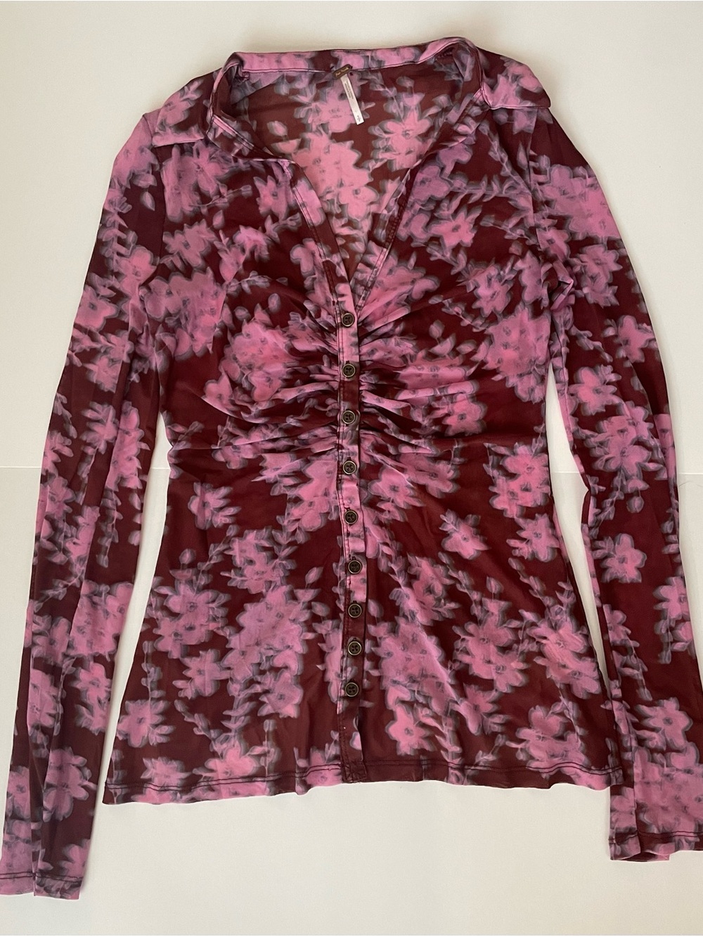 Free People Pink Floral Burgundy Ruched Button-Front Collared Top